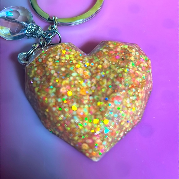 Hand crafted epoxy 3D heart key chain with yellow 2 inch pompom - Picture 3 of 5